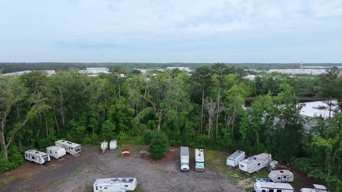Aerial view of RVs parked at Duval Storage in Northside Jacksonville